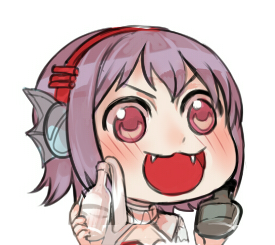 1girl :d bangs blush bottle buubuu_(loli69) chibi chinese_commentary commentary_request dot_nose fangs genetic_(ragnarok_online) glass_bottle gyate_gyate hairband head_fins holding holding_bottle light_purple_hair molotov_cocktail open_mouth ragnarok_online red_eyes red_hairband short_hair simple_background smile solo upper_body v-shaped_eyebrows white_background