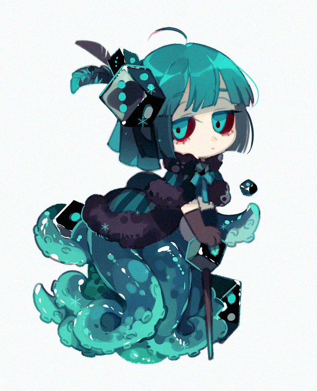 1boy :| ahoge aqua_eyes aqua_hair aqua_skin bangs black_gloves black_headwear blue_capelet blue_ribbon blunt_bangs cane capelet chibi chinese_commentary closed_mouth colored_eyelashes colored_sclera colored_skin dice_hair_ornament elbow_gloves feather_hair_ornament feathers full_body fur-trimmed_capelet fur_collar fur_trim gloves hair_ornament holding holding_cane looking_at_viewer male_focus monster_boy multicolored_skin octopus_boy original red_pupils red_sclera ribbon short_hair simple_background solo somalia suction_cups tentacles white_background