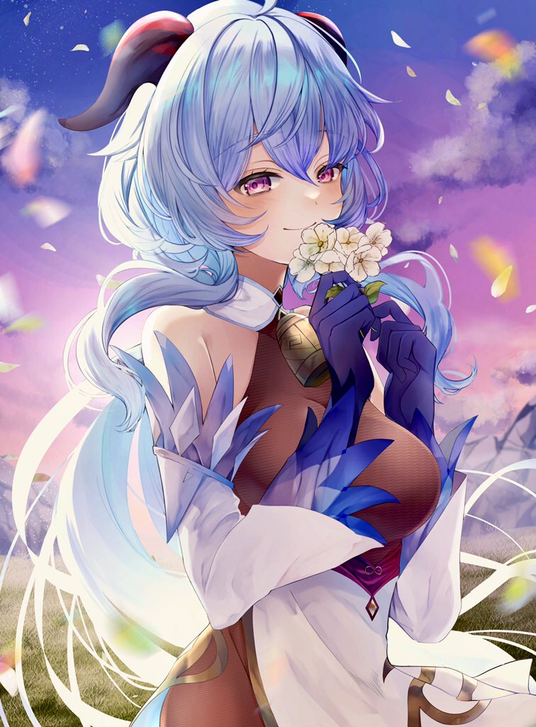 1girl ahoge bangs bare_shoulders bell blue_gloves blue_hair blush breasts detached_sleeves dusk flower ganyu_(genshin_impact) genshin_impact gloves holding holding_flower horns long_hair looking_at_viewer medium_breasts neck_bell petals qingxin_flower sidelocks smile solo sui_(katou_sui) upper_body violet_eyes white_flower white_sleeves