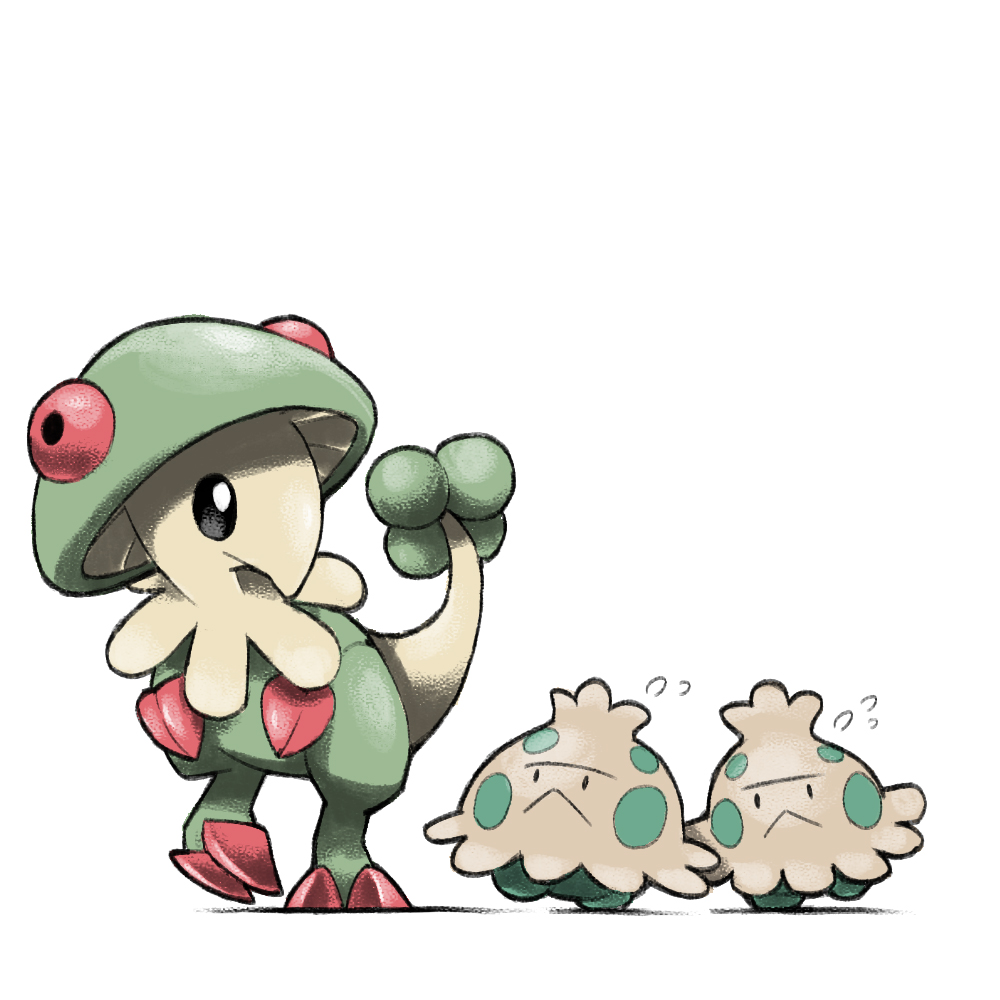 :&lt; black_eyes blacknirrow breloom bright_pupils closed_mouth english_commentary evolutionary_line flying_sweatdrops following leg_up no_humans pokemon pokemon_(creature) shroomish simple_background tail_raised walking white_background white_pupils