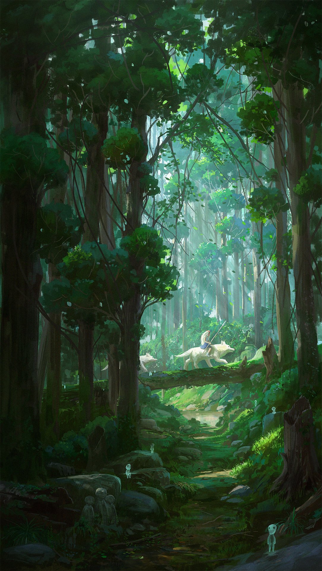 1girl animal breasts commentary cyclecircle dappled_sunlight day english_commentary fantasy forest fur highres holding holding_weapon log mononoke_hime moss nature outdoors polearm riding san_(mononoke_hime) shade solo spear spirit stream sunlight tree weapon wolf