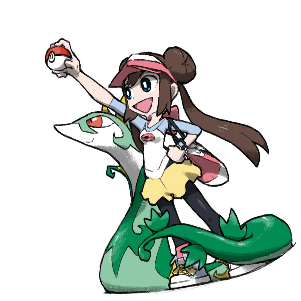 1girl :d arm_up bag black_pantyhose blacknirrow blue_eyes bright_pupils brown_hair double_bun english_commentary full_body hair_bun hand_on_hip handbag holding holding_poke_ball long_hair open_mouth pantyhose pantyhose_under_shorts poke_ball poke_ball_(basic) pokemon pokemon_(creature) pokemon_(game) pokemon_bw2 raglan_sleeves rosa_(pokemon) serperior shirt shoelaces shoes shorts simple_background sleeves_past_elbows smile standing twintails visor_cap white_background white_pupils xtransceiver yellow_shorts