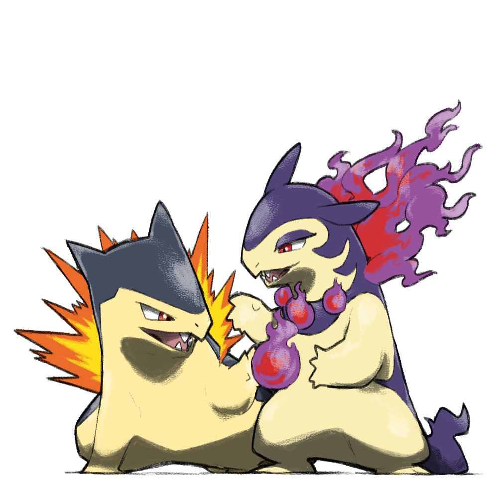 blacknirrow english_commentary fire half-closed_eyes hisuian_typhlosion no_humans open_mouth pokemon pokemon_(creature) purple_fire red_eyes sharp_teeth simple_background standing teeth typhlosion white_background