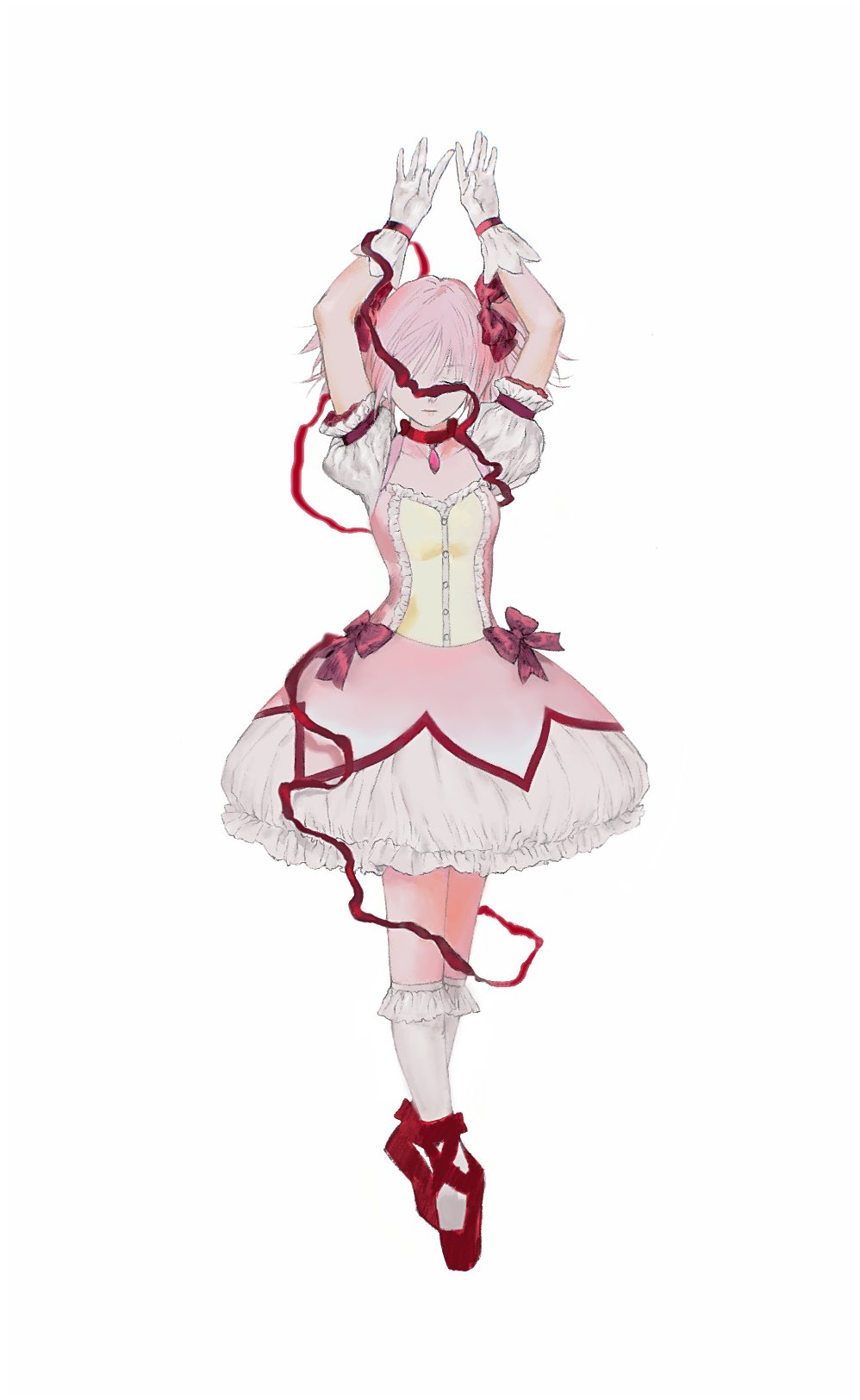 1girl ankle_ribbon arms_up ballet_slippers bow bubble_skirt choker closed_eyes closed_mouth commentary dress dress_bow en_pointe english_commentary facing_viewer forzen full_body gloves gradient_dress hair_bow highres kaname_madoka kneehighs leg_ribbon magical_girl mahou_shoujo_madoka_magica one_eye_covered pendant_choker pink_dress pink_hair puffy_short_sleeves puffy_sleeves red_bow red_choker red_footwear red_ribbon ribbon shoes short_sleeves simple_background skirt socks solo twintails white_background white_gloves white_socks