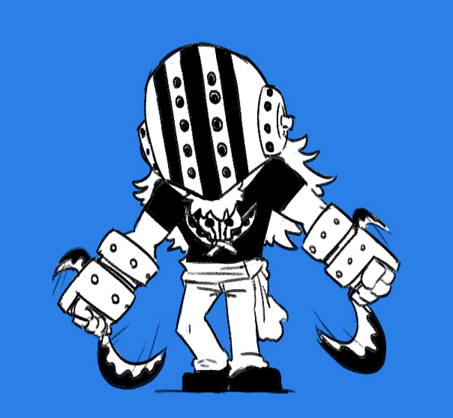 1boy beard blacknirrow blade blue_background chibi clenched_hands commentary dual_wielding english_commentary facial_hair full_body gauntlets helmet holding killer_(one_piece) long_hair male_focus monochrome motion_lines one_piece pants shirt shoes short_sleeves simple_background sketch solo standing striped striped_headwear