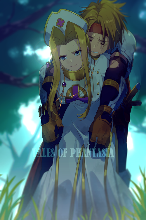 1boy 1girl armor blonde_hair breasts cape closed_mouth cress_albane dress echo_(circa) forest gloves hair_intakes hat headband long_hair looking_at_viewer mint_adenade nature nurse_cap tales_of_(series) tales_of_phantasia tree