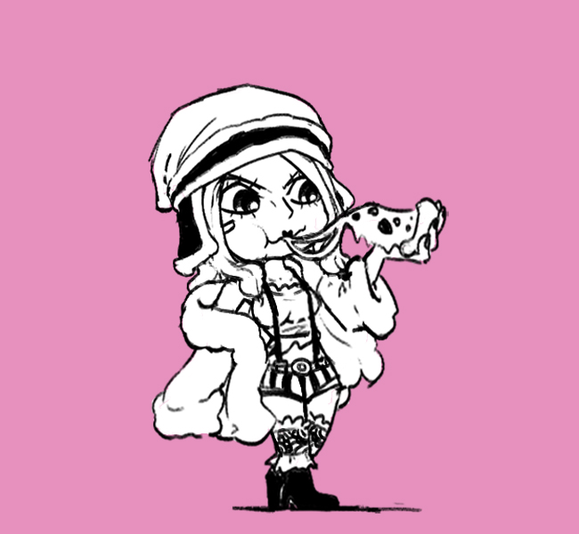 1girl :t arm_at_side bare_shoulders blacknirrow breasts cheese_trail chewing chibi closed_mouth commentary crop_top eating english_commentary food full_body fur_(clothing) fur_coat fur_hat hand_up hat holding holding_food jewelry_bonney leg_warmers legs_together medium_breasts midriff monochrome off_shoulder one_piece pink_background pizza pizza_slice shirt shoes short_shorts shorts simple_background sketch sleeveless sleeveless_shirt sleeves_past_fingers sleeves_past_wrists solo standing striped striped_shorts suspenders ushanka v-shaped_eyebrows wide_sleeves