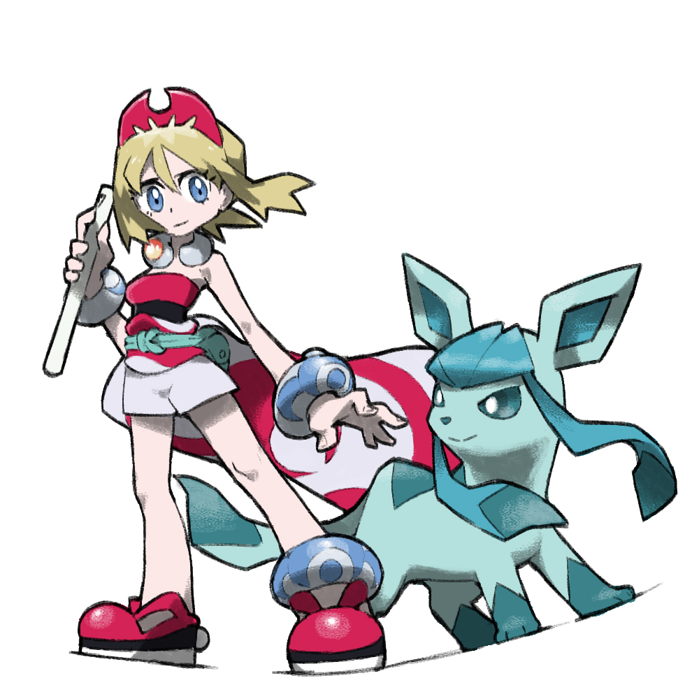 1girl anklet bare_shoulders blacknirrow blonde_hair blue_eyes bracelet celestica_flute closed_mouth english_commentary flute full_body glaceon hair_between_eyes hairband holding holding_instrument instrument irida_(pokemon) jewelry legs_apart neck_ring pokemon pokemon_(creature) pokemon_(game) pokemon_legends:_arceus red_footwear red_hairband shirt shoes short_hair shorts simple_background standing strapless strapless_shirt waist_cape white_background white_shorts