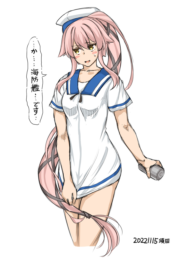 1girl blue_sailor_collar clothes_pull commentary_request cosplay cowboy_shot depth_charge dress dress_pull hair_flaps hair_ribbon hat hiburi_(kancolle) hiburi_(kancolle)_(cosplay) kantai_collection long_hair one-hour_drawing_challenge pink_hair ponytail ribbon sailor_collar sailor_dress sailor_hat short_dress short_sleeves simple_background solo suda_(yuunagi_enikki) very_long_hair white_background white_dress white_headwear yura_(kancolle)
