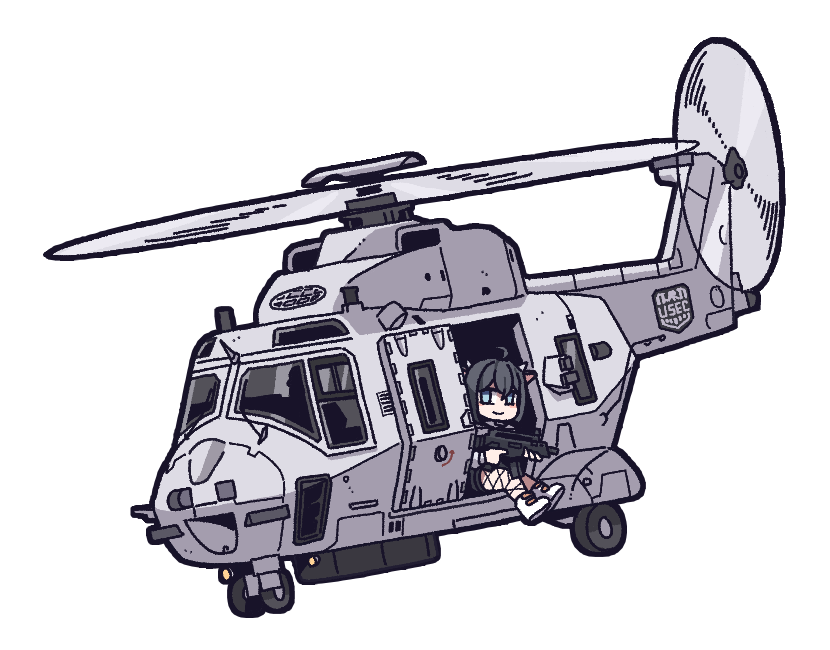 1girl ahoge aircraft black_hair blue_eyes closed_mouth commission flying gun helicopter holding holding_gun holding_weapon kare original simple_background smile solo weapon white_background