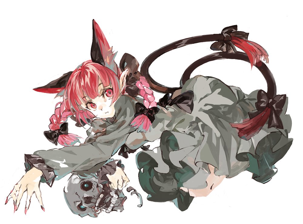 1girl :3 animal_ears back_bow black_bow blue_eyes bone bow braid cat_ears cat_tail dress extra_ears fang fang_out fingernails green_dress holding holding_skull kaenbyou_rin konabetate looking_at_viewer multiple_tails pointy_ears red_eyes red_nails redhead sharp_fingernails sitting skull slit_pupils tail tail_bow tail_ornament touhou twin_braids two_tails white_background