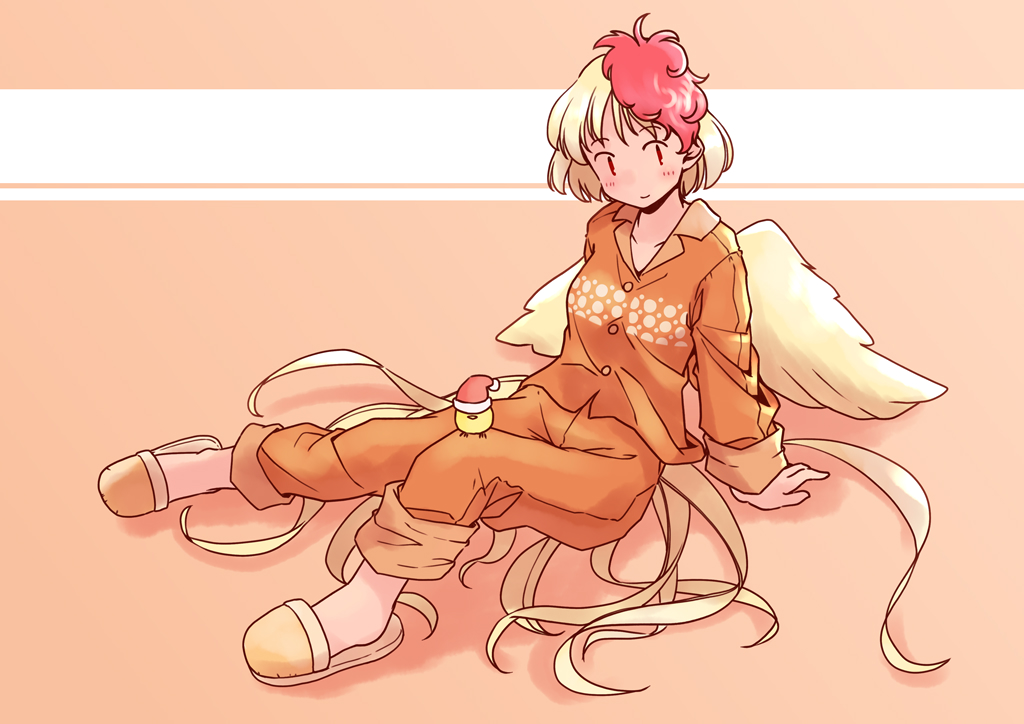 1girl animal arm_support barefoot bird bird_tail bird_wings blonde_hair blush chick closed_mouth feathered_wings full_body long_sleeves multicolored_hair niwatari_kutaka orange_pajamas pajamas rangycrow red_eyes redhead short_hair slippers smile solo tail touhou two-tone_hair wings yellow_wings