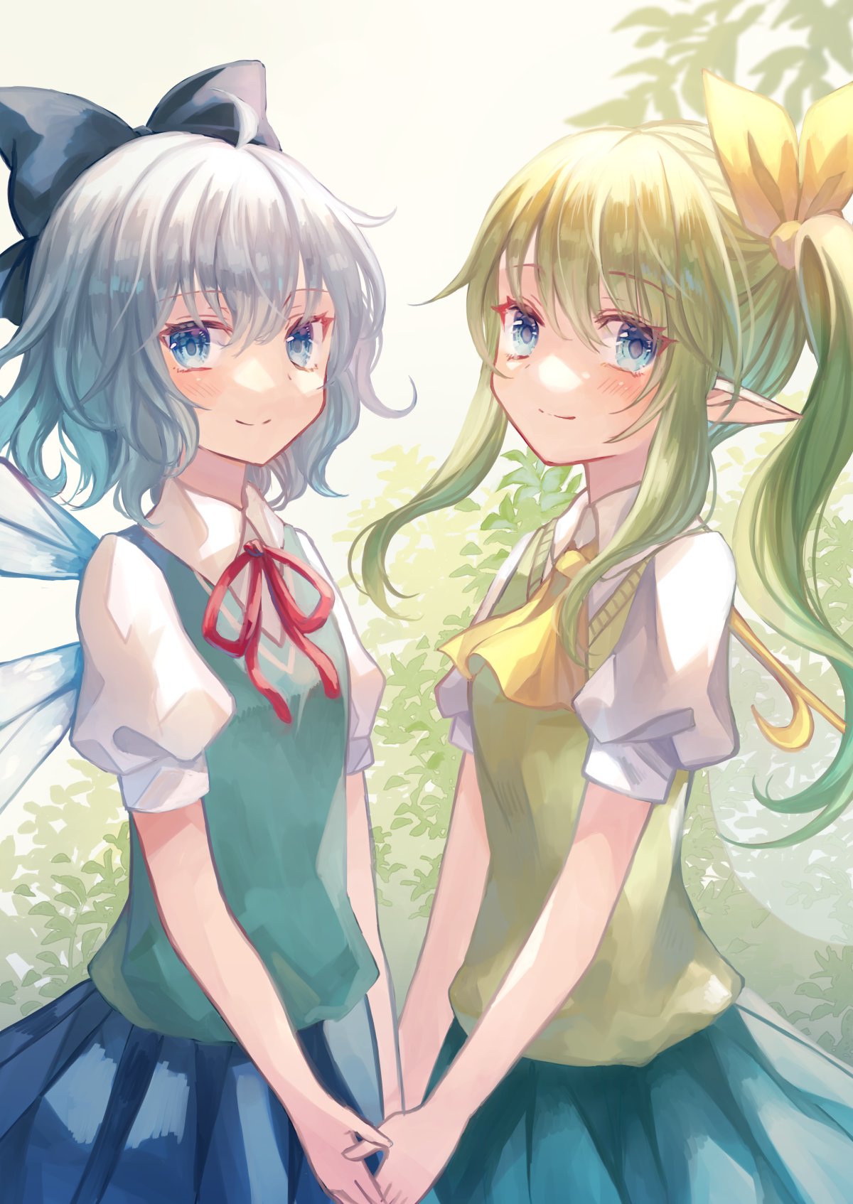 2girls ascot blue_bow blue_eyes blue_hair blue_skirt blue_sweater_vest blush bow cirno closed_mouth collared_shirt commentary commission daiyousei fairy_wings green_hair green_skirt green_sweater_vest hair_between_eyes hair_bow hair_ribbon highres holding_hands ice ice_wings long_hair looking_at_viewer medium_hair miyakure multiple_girls neck_ribbon pointy_ears puffy_short_sleeves puffy_sleeves red_ribbon ribbon shirt short_sleeves side_ponytail skeb_commission skirt smile sweater_vest touhou upper_body white_shirt wings yellow_ascot yellow_ribbon