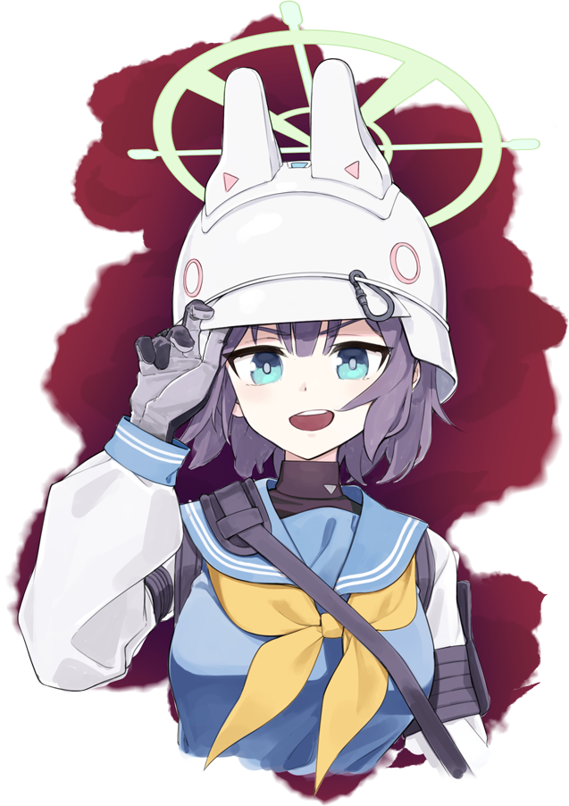 1girl adjusting_clothes adjusting_headwear animal_ears black_undershirt blue_archive blue_eyes blue_sailor_collar blue_serafuku cropped_torso fake_animal_ears gloves grey_gloves halo helmet long_sleeves looking_at_viewer military_helmet neckerchief open_mouth purple_hair rabbit_ears randle sailor_collar saki_(blue_archive) school_uniform serafuku short_hair solo transparent_background white_headwear yellow_neckerchief