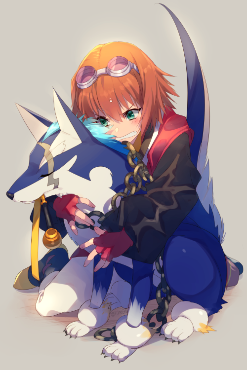 1boy 1girl animal_ears brown_hair chain_necklace claws closed_eyes closed_mouth dog dog_ears dog_tail echo_(circa) fingerless_gloves full_body gloves goggles goggles_on_head green_eyes jewelry necklace repede_(tales) rita_mordio short_hair simple_background tail tales_of_(series) tales_of_vesperia