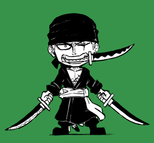 1boy blacknirrow boots chibi clenched_teeth collarbone commentary dual_wielding english_commentary full_body green_background head_scarf holding holding_sword holding_weapon japanese_clothes kimono long_sleeves male_focus monochrome mouth_hold one_eye_closed one_piece open_clothes open_kimono pectorals roronoa_zoro sash scar scar_across_eye scar_on_chest scar_on_face sheath simple_background sketch solo standing straight-on sword teeth weapon