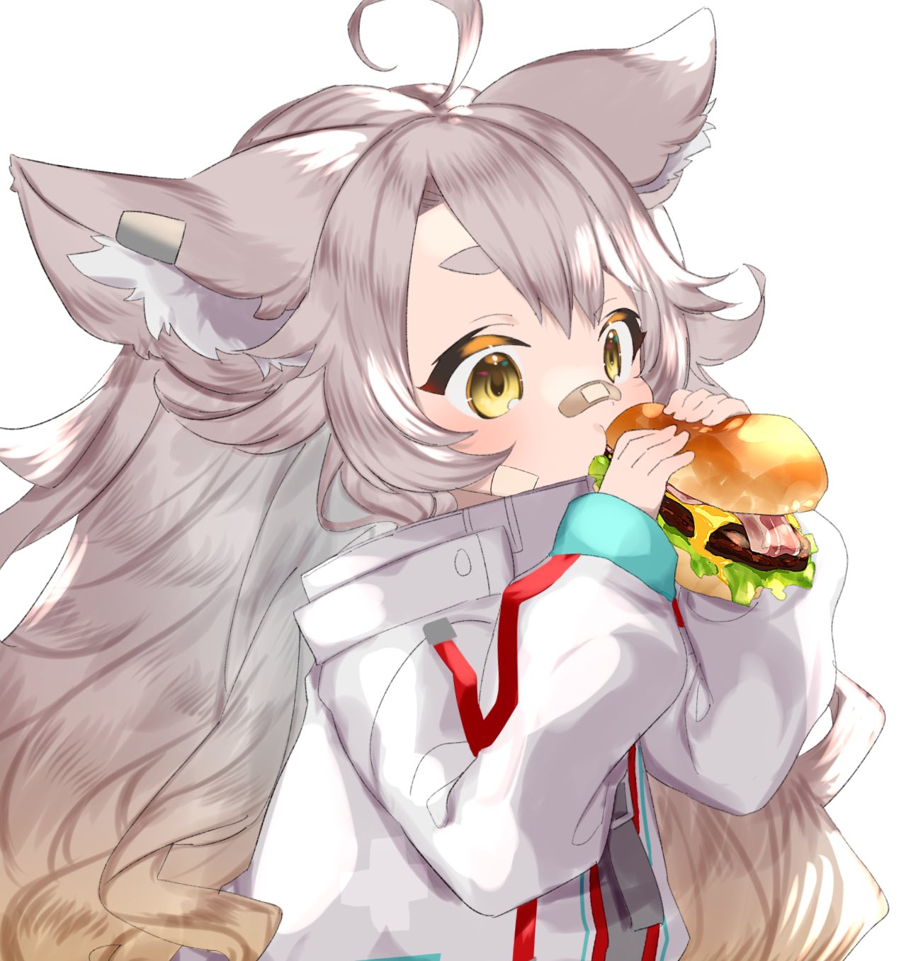 1girl amawa_uru animal_ears bacon bandaid bandaid_on_face bandaid_on_nose burger commission eating food fox_ears fox_girl gradient_hair highres indie_virtual_youtuber jacket lettuce light_brown_hair long_hair long_sleeves multicolored_hair ponpe_max puffy_long_sleeves puffy_sleeves second-party_source skeb_commission virtual_youtuber white_jacket yellow_eyes