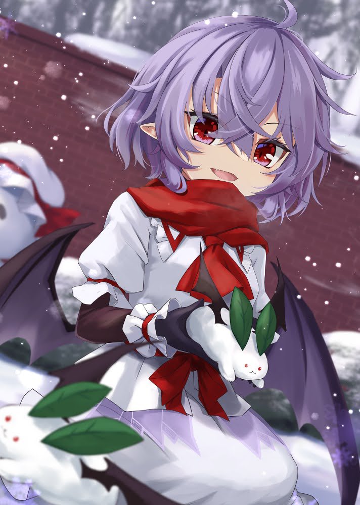 1girl akisome_hatsuka bat_wings black_gloves fang gloves looking_at_viewer open_mouth outdoors pointy_ears purple_hair red_eyes red_scarf remilia_scarlet scarf short_hair short_sleeves sitting skin_fang smile snow snow_bunny snowing solo touhou wings winter_clothes wrist_cuffs