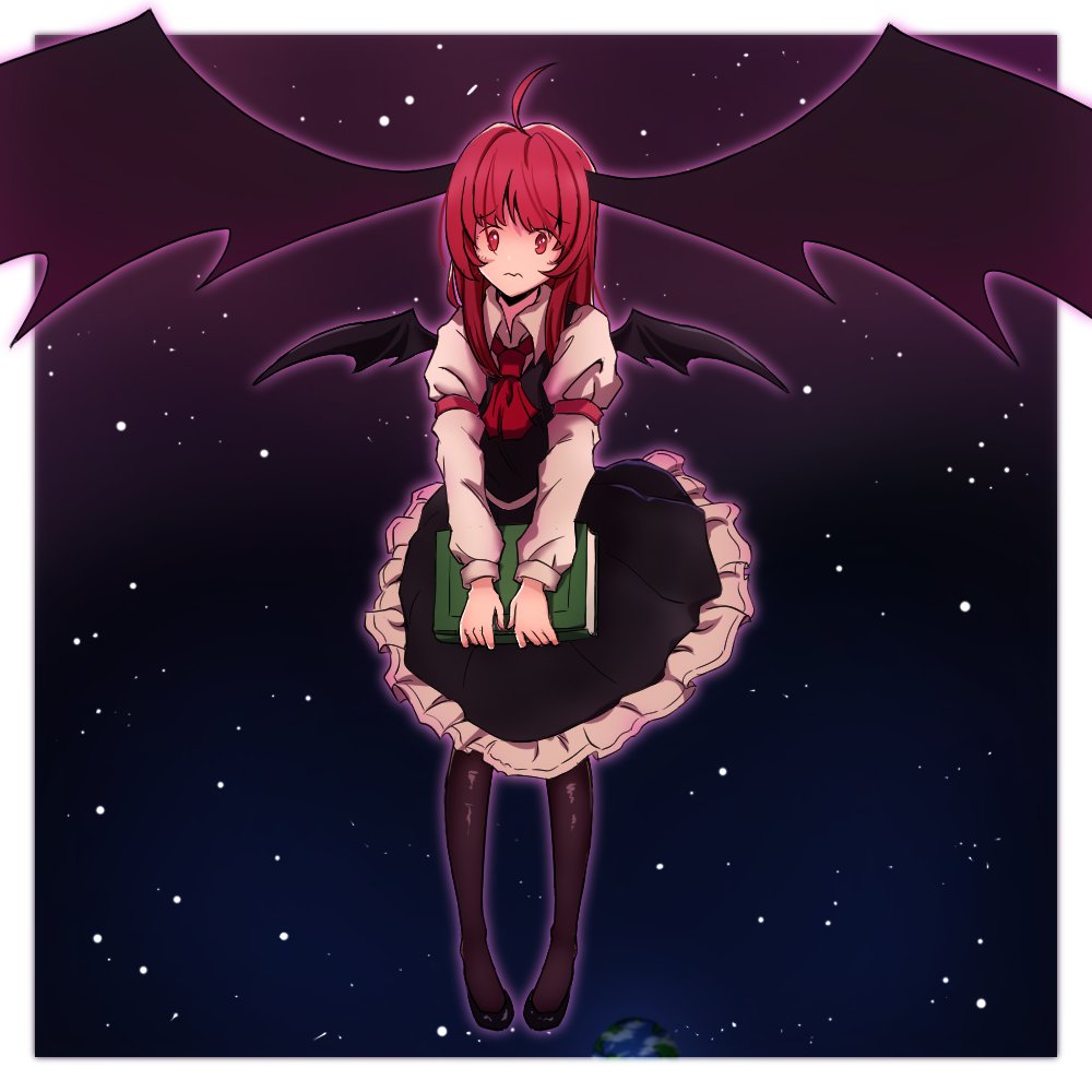 1girl ahoge bat_wings book earth_(planet) frown full_body furrowed_brow holding holding_book koakuma large_head_wings long_hair looking_at_viewer necktie outer_glow pantyhose pigeon-toed planet redhead solo space star_(sky) tierra_misu touhou wavy_mouth wings