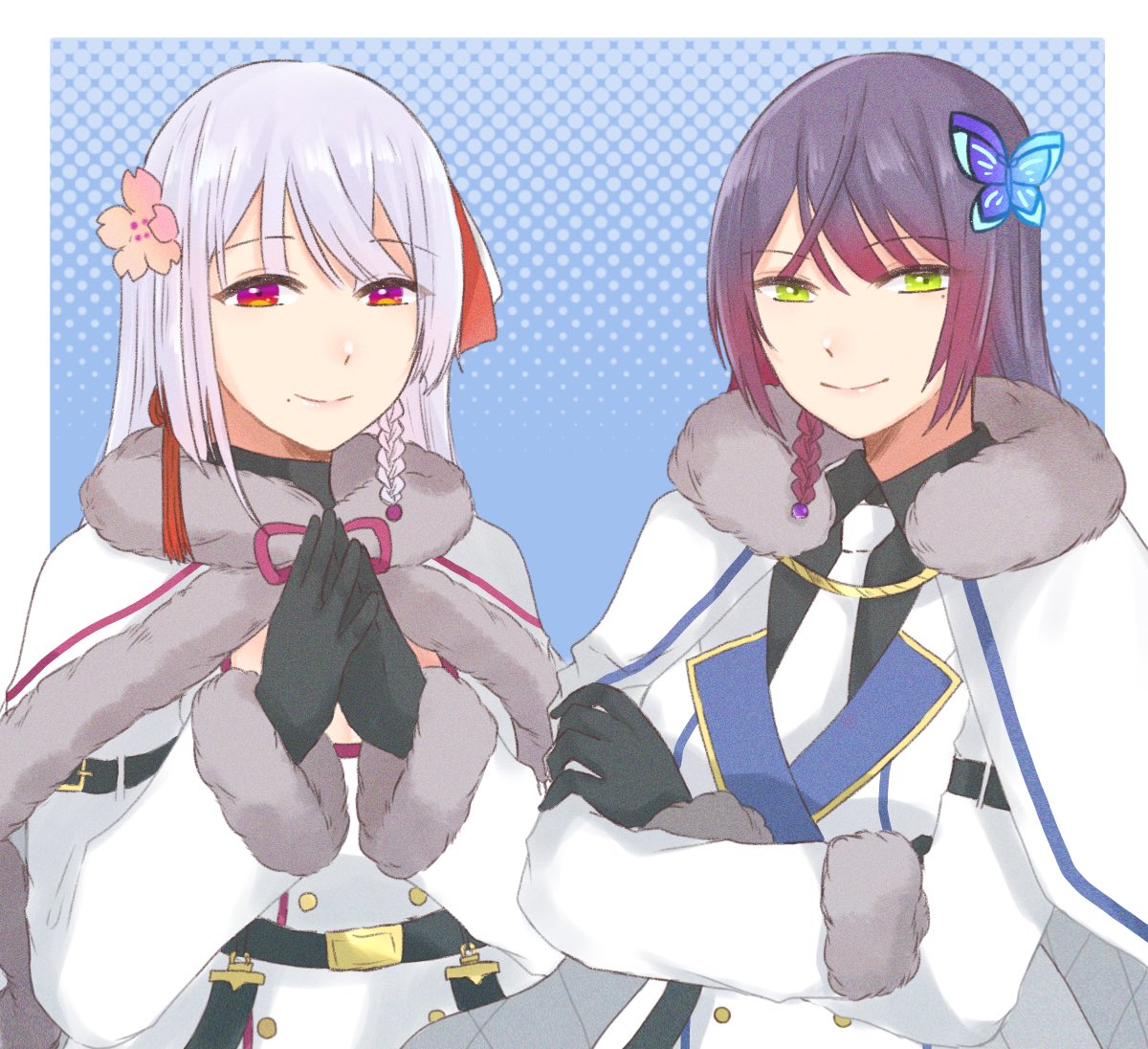 2girls arm_belt arms_under_breasts assault_lily bangs belt belt_buckle black_belt black_gloves black_shirt blue_background border braid buckle butterfly_hair_ornament buttons capelet closed_mouth coat collared_shirt commentary_request crossed_arms double-breasted flower funada_kiito funada_ui fur-trimmed_capelet fur-trimmed_coat fur_trim gloves green_eyes grey_hair hair_between_eyes hair_flower hair_ornament hair_ribbon halftone halftone_background hands_up hood hood_down hooded_capelet looking_at_viewer mole mole_under_eye mole_under_mouth multicolored_eyes multiple_girls necktie nigari_(ngari_0115) official_alternate_costume outside_border own_hands_together pink_flower purple_hair red_eyes red_ribbon ribbon shirt siblings side-by-side side_braid single_braid sisters smile standing steepled_fingers tassel tassel_hair_ornament upper_body violet_eyes white_border white_capelet white_coat white_necktie white_ribbon winter_clothes