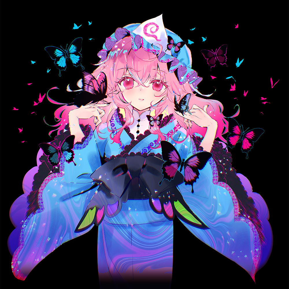 1girl album_cover black_bow blue_butterfly blue_headwear blue_kimono blush bow bug butterfly butterfly_on_hand commentary cover floating_hair hair_between_eyes hands_up hat japanese_clothes kimono long_hair long_sleeves looking_at_viewer mob_cap parted_lips pink_butterfly pink_eyes pink_hair purple_butterfly saigyouji_yuyuko solo torii_sumi touhou triangular_headpiece upper_body waist_bow wide_sleeves
