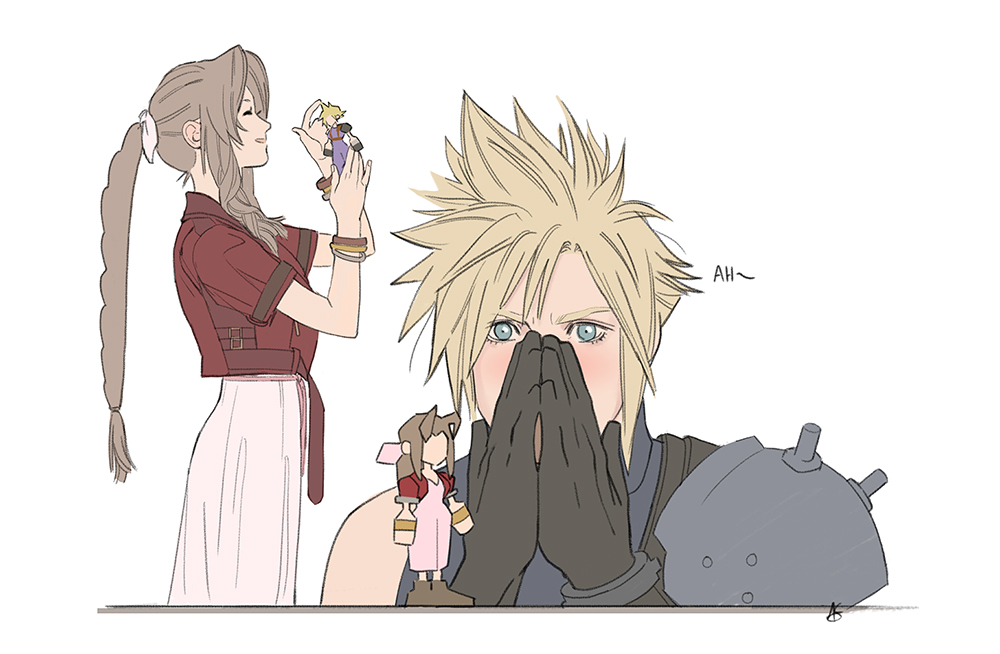1boy 1girl aerith_gainsborough armor ashley_swidowski bangle bangs blonde_hair blue_eyes blue_shirt blush bracelet braid braided_ponytail brown_hair closed_eyes cloud_strife covering_mouth cowboy_shot cropped_jacket dress final_fantasy final_fantasy_vii final_fantasy_vii_remake hair_ribbon holding holding_toy jacket jewelry long_dress long_hair merchandise own_hands_together parted_bangs parted_lips pink_dress pink_ribbon polygonal red_jacket ribbon shirt short_hair short_sleeves shoulder_armor sidelocks signature single_bare_shoulder sleeveless sleeveless_turtleneck smile spiky_hair suspenders toy turtleneck upper_body wavy_hair white_background