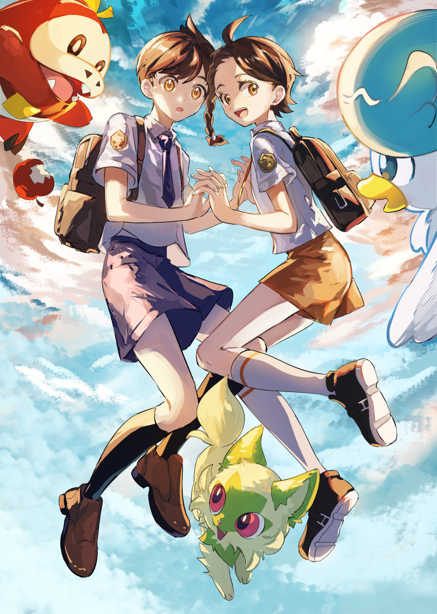 1boy 1girl :d backpack bag bangs braid brown_bag brown_hair brown_shorts clouds commentary_request day florian_(pokemon) fuecoco highres holding_hands ichi_(two_too_22) juliana_(pokemon) necktie open_mouth outdoors pokemon pokemon_(creature) pokemon_(game) pokemon_sv quaxly shirt shoes short_hair short_sleeves shorts sky smile socks sprigatito starter_pokemon_trio teeth tongue upper_teeth