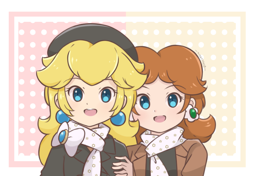 2girls alternate_costume bangs beret black_coat black_footwear black_headwear blonde_hair blue_eyes blush border brown_hair chocomiru coat commentary_request earrings hat jewelry long_hair looking_at_viewer multiple_girls non-web_source princess_daisy princess_peach smile source_request super_mario_bros. upper_body