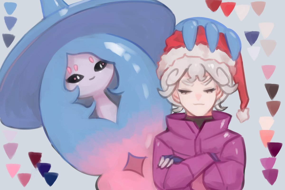 1boy bad_id bad_twitter_id bede_(pokemon) coat color_guide commentary fingerless_gloves gloves grey_hair haqlue hat hatterene pokemon pokemon_(creature) pokemon_(game) pokemon_swsh purple_coat santa_hat