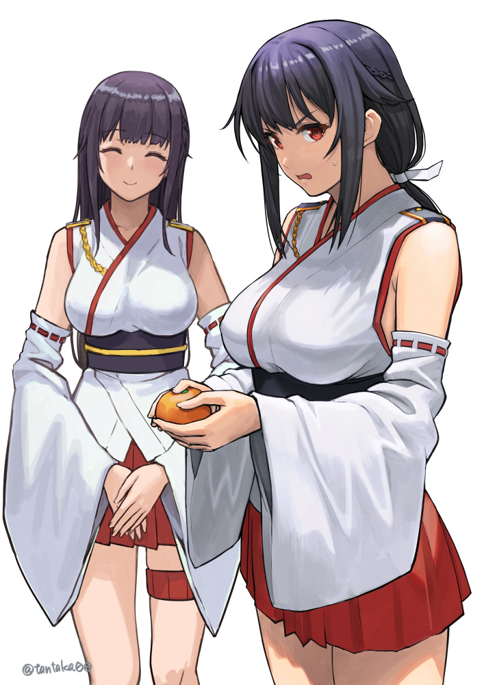 2girls asymmetrical_docking bangs bare_shoulders bloom blush breasts closed_eyes commentary_request detached_sleeves fusou_(kancolle) fusou_(kantai_collection) japanese_clothes kantai_collection large_breasts long_hair long_sleeves looking_at_another multiple_girls profile tantaka00 white_sleeves wide_sleeves yamashiro_(kancolle) yamashiro_(kantai_collection)