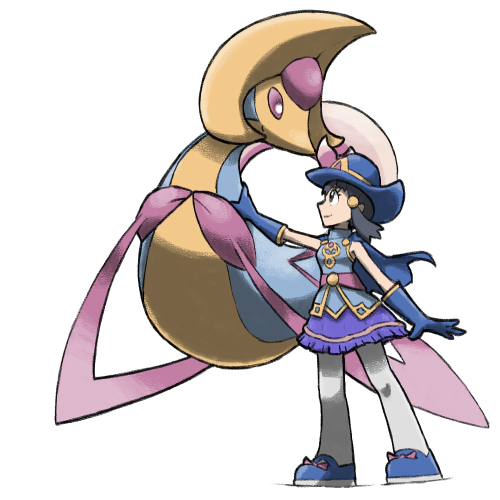 1girl black_eyes black_hair blacknirrow blue_cape blue_footwear blue_gloves blue_headwear blue_shirt cape closed_mouth cresselia dawn_(sygna_suit)_(pokemon) english_commentary footwear_ribbon full_body gloves hair_ornament hat hikari_(pokemon) legs_apart long_hair miniskirt pantyhose pink_ribbon pink_sash pokemon pokemon_(creature) pokemon_(game) pokemon_masters_ex purple_skirt ribbon sash shirt shoes sideways_mouth simple_background skirt sleeveless sleeveless_shirt smile standing turtleneck white_background white_pantyhose