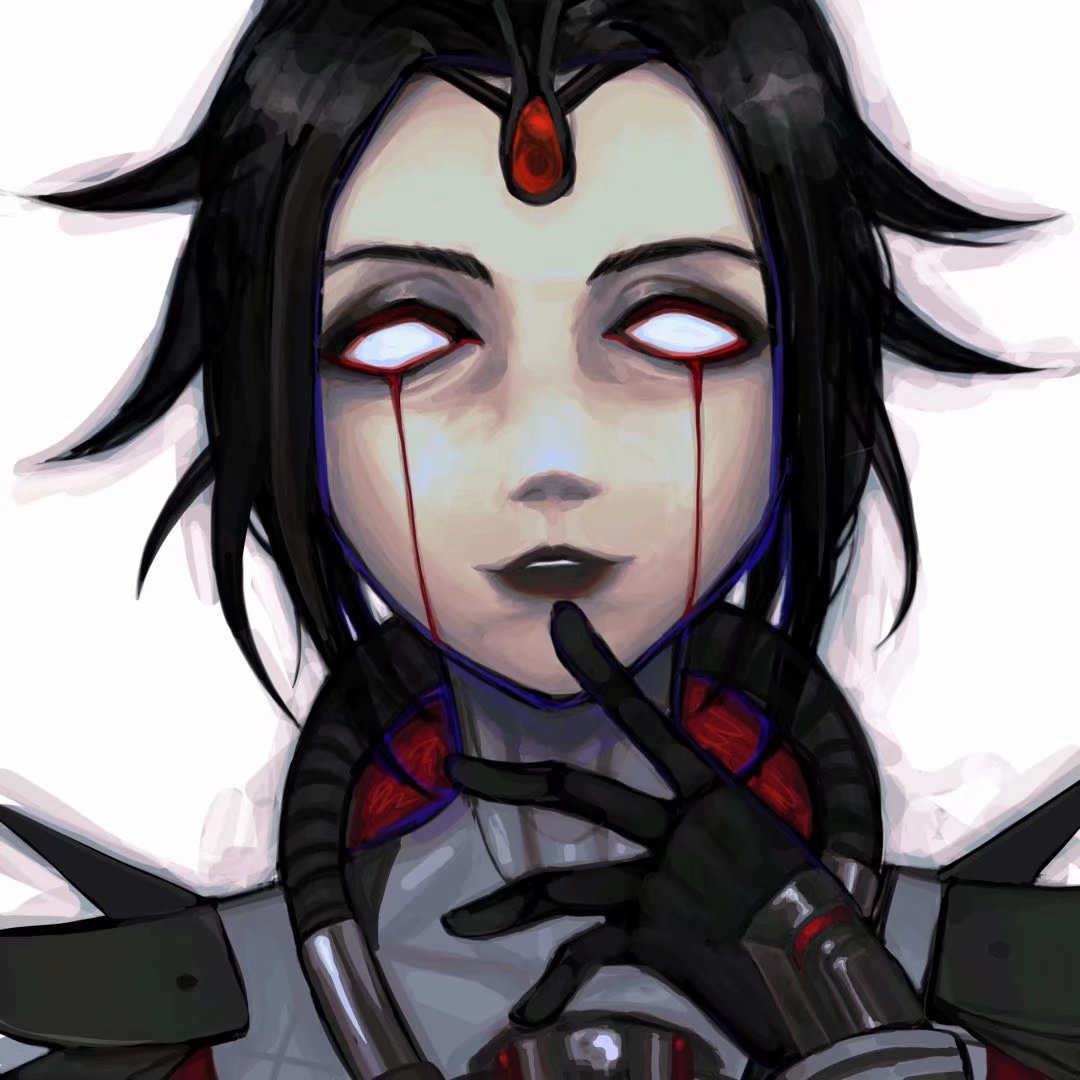 1girl apex_legends bangs black_bodysuit black_gloves black_hair black_lips bodysuit chinese_commentary dark_matter_horizon gloves horizon_(apex_legends) light_smile looking_at_viewer min_tian_zai_hua official_alternate_costume parted_bangs parted_lips portrait short_hair simple_background solid_eyes solo straight-on white_background white_eyes