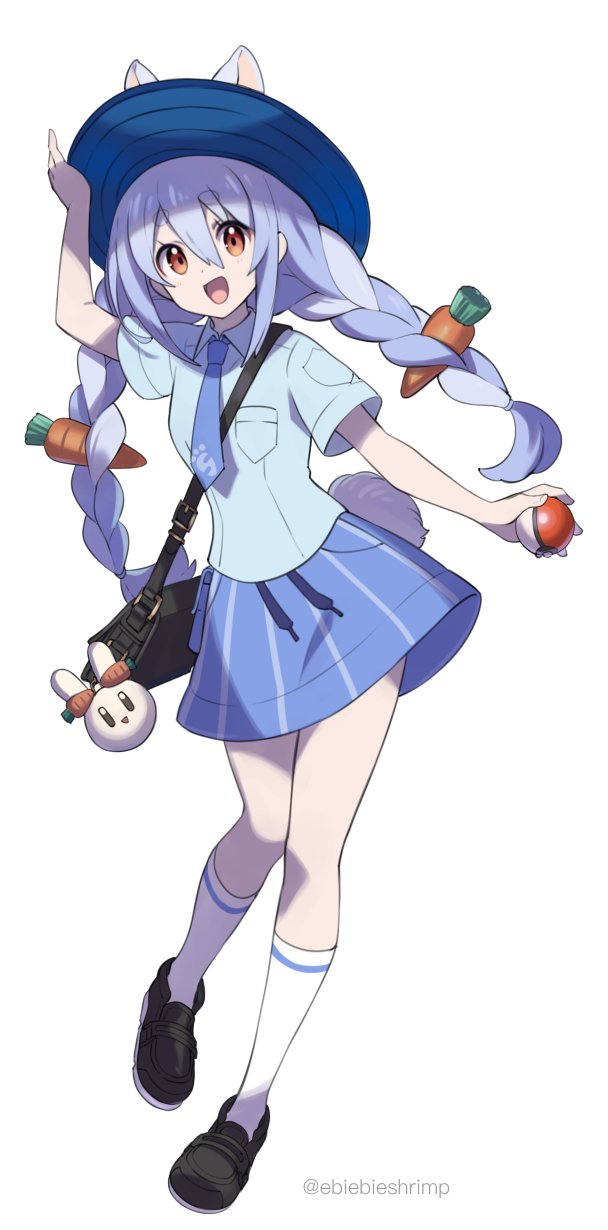 1girl :d alternate_costume animal_ears bag black_footwear blue_hair blue_headwear blue_necktie blue_shirt blue_skirt braid breasts carrot_hair_ornament collared_shirt commentary ears_through_headwear food-themed_hair_ornament full_body hair_between_eyes hair_ornament handbag hat highres holding holding_poke_ball hololive light_blue_hair long_hair looking_at_viewer miniskirt multicolored_hair necktie nousagi_(usada_pekora) open_mouth parody poke_ball poke_ball_(basic) pokemon pokemon_(game) rabbit_ears rabbit_girl rabbit_tail red_eyes shirt shoes short_sleeves shuri_(84k) simple_background skirt small_breasts smile sneakers socks solo standing striped striped_skirt style_parody sugimori_ken_(style) tail thick_eyebrows twin_braids twintails twitter_username two-tone_hair usada_pekora vertical-striped_skirt vertical_stripes virtual_youtuber white_background white_hair white_socks wing_collar