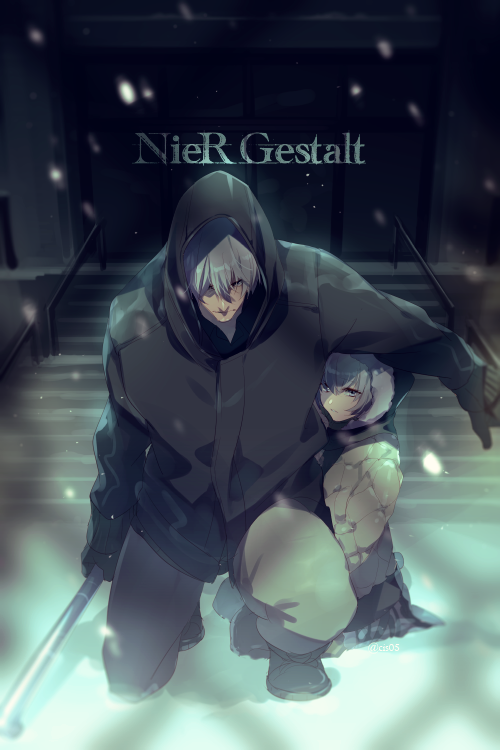1boy 1girl closed_mouth copyright_name echo_(circa) father_and_daughter full_body gloves hood hooded_jacket jacket lead_pipe looking_at_viewer nier nier_(old) nier_(series) short_hair snow stairs white_hair winter_clothes yonah