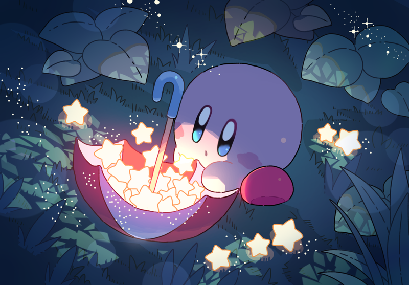 :o blue_eyes blush blush_stickers copy_ability full_body glowing grass kirby kirby_(series) leaf mutekyan night no_humans outdoors parted_lips plant red_footwear shoes star_(symbol) umbrella