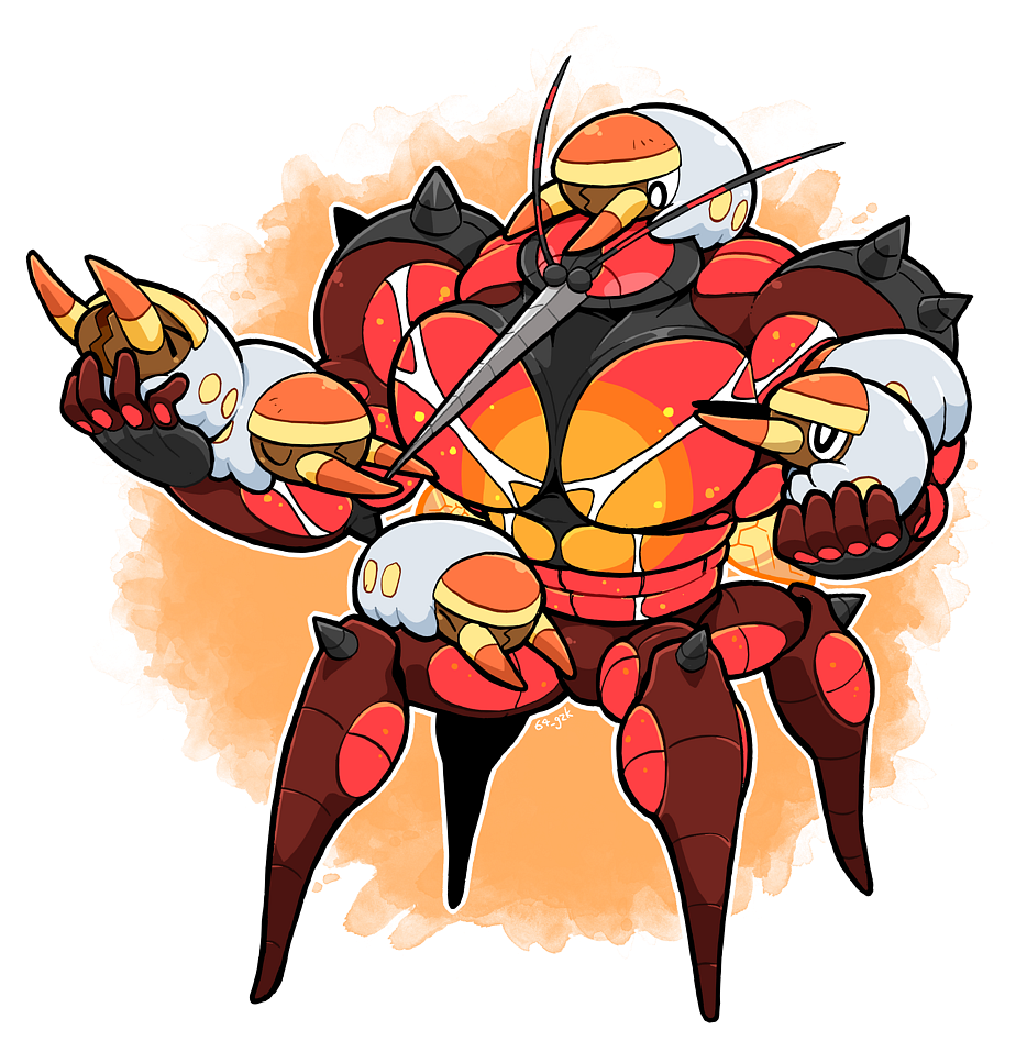 &gt;_&lt; antennae bug buzzwole closed_eyes english_commentary full_body grubbin insect_wings kgym774 muscular no_humans pokemon pokemon_(creature) signature simple_background spikes wings