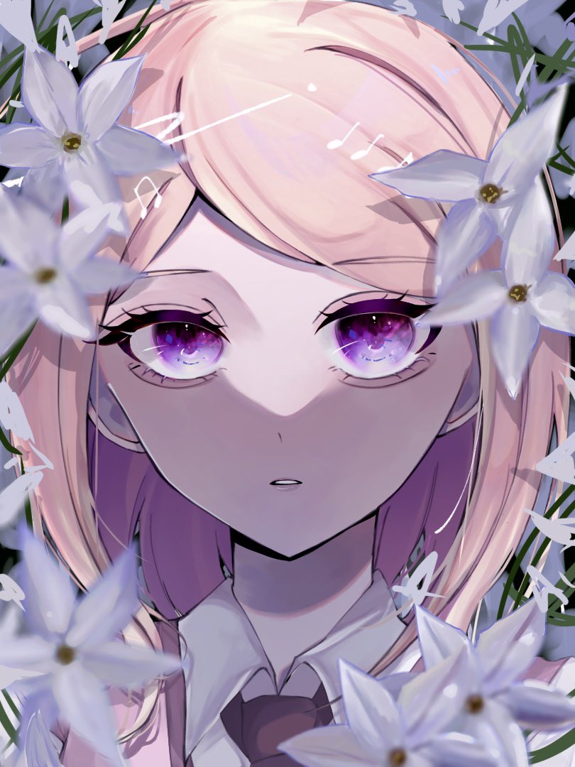 1girl akamatsu_kaede bangs blonde_hair collared_shirt commentary_request danganronpa_(series) danganronpa_v3:_killing_harmony flower hair_flower hair_ornament long_hair musical_note musical_note_hair_ornament necktie neru_(ikizigoku_031) parted_lips pink_eyes portrait shiny shiny_hair shirt solo teeth white_flower