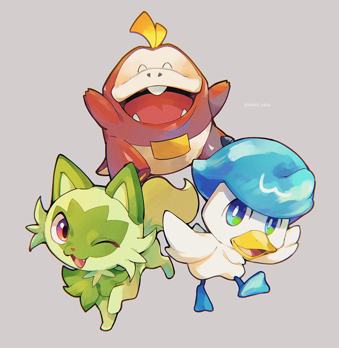 ;d ^_^ bright_pupils closed_eyes commentary_request fang fuecoco grey_background highres looking_at_viewer no_humans one_eye_closed open_mouth pokemon pokemon_(creature) quaxly simple_background smile sprigatito starter_pokemon_trio tako2_eaka tongue watermark white_pupils