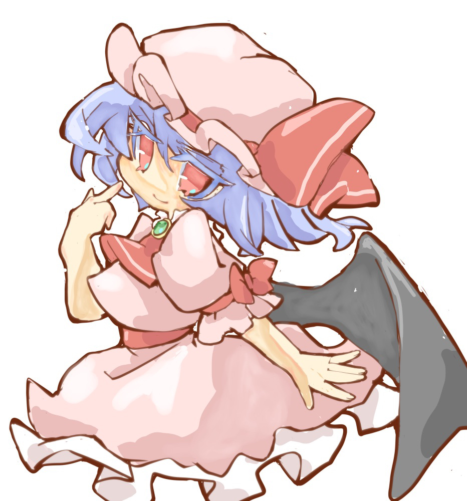 1girl bangs bat_wings blue_hair closed_mouth colored_eyelashes commentary_request dress frilled_dress frills hand_up hat hat_ribbon medium_hair mob_cap pink_dress pink_headwear puffy_short_sleeves puffy_sleeves red_eyes red_ribbon remilia_scarlet ribbon short_sleeves simple_background smile solo touhou white_background wings yamasina009