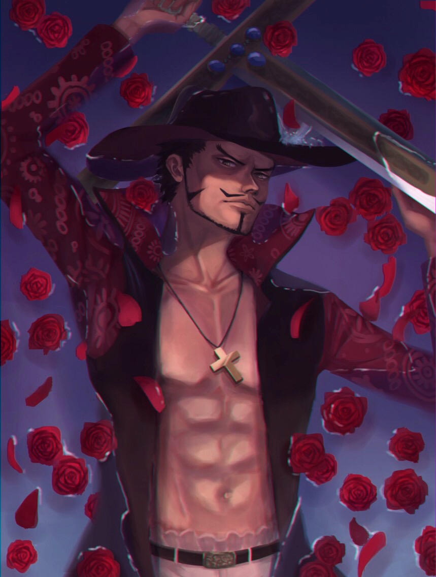 1boy abs arm_up beard belt black_hair black_headwear black_shirt chromatic_aberration closed_mouth collarbone commentary cowboy_hat cross cross_necklace dracule_mihawk english_commentary facial_hair flower forked_eyebrows gradient gradient_background half-closed_eyes hand_up hat holding holding_sword holding_weapon jewelry latin_cross long_sleeves looking_at_viewer male_focus mixed-language_commentary mustache navel necklace one_piece open_clothes open_shirt pants pectorals petals purple_background raglan_sleeves red_flower red_rose red_sleeves ringed_eyes rose sasamiman shirt short_hair solo standing stomach sword upper_body v-shaped_eyebrows weapon white_pants yellow_eyes