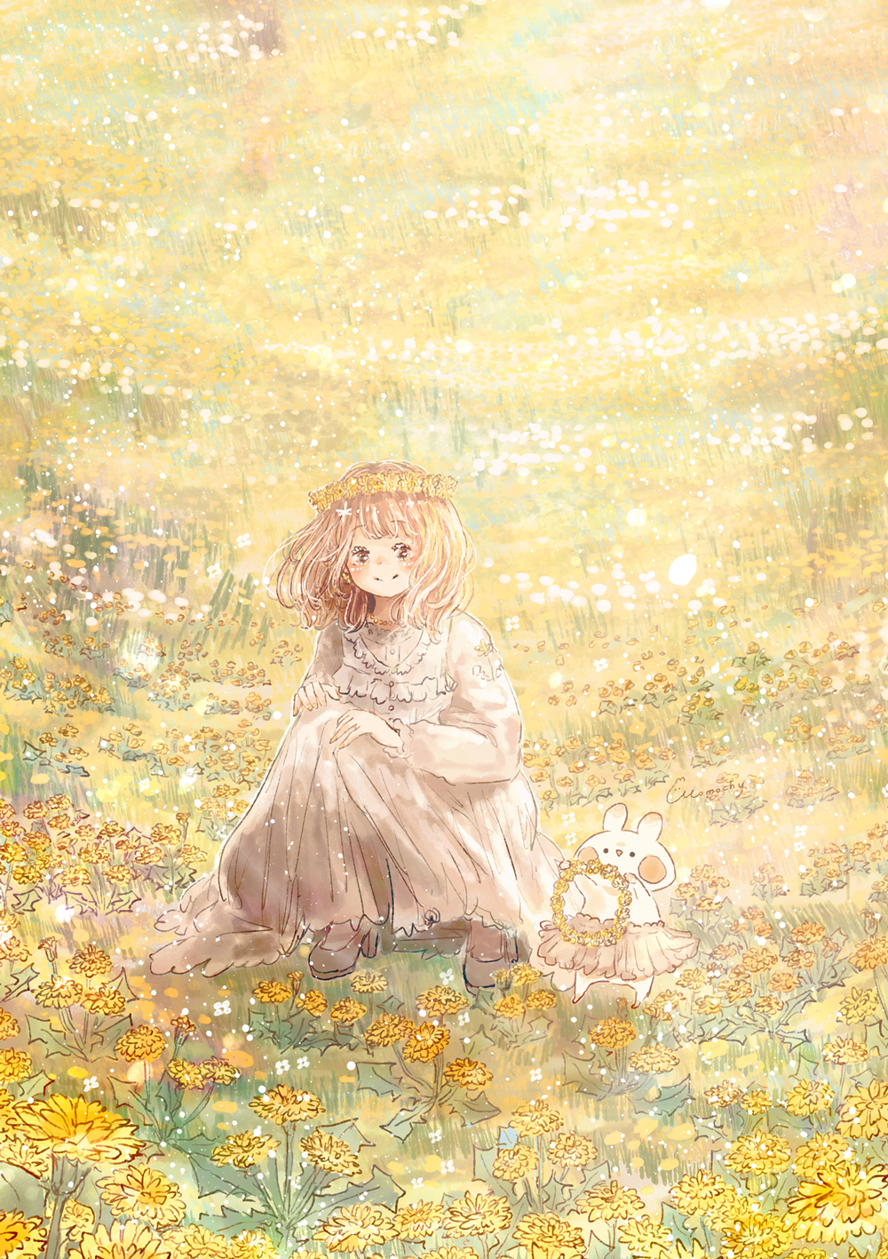 1girl blush brown_hair collared_dress dandelion day dress field flower flower_field frilled_dress frills grass grey_footwear head_wreath highres holding holding_flower leaf light_brown_hair long_dress long_sleeves medium_hair momochy on_grass original pink_skirt plant rabbit scenery skirt smile squatting sunlight too_many_flowers white_dress yellow_flower yellow_theme