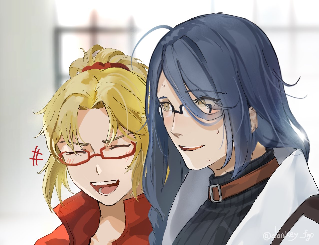 +++ 1boy 1girl :d ^_^ belt_collar bespectacled black_sweater blonde_hair blue_hair blurry blurry_background closed_eyes collar cowlick curtained_hair dark_blue_hair donkey_fgo fate/grand_order fate_(series) glasses hair_ornament hair_over_one_eye hair_scrunchie jacket looking_at_another low-braided_long_hair mordred_(fate) mordred_(fate/apocrypha) paracelsus_(fate) ponytail portrait red-framed_eyewear red_jacket red_scrunchie scrunchie smile sweatdrop sweater teeth turtleneck turtleneck_sweater white_jacket yellow_eyes