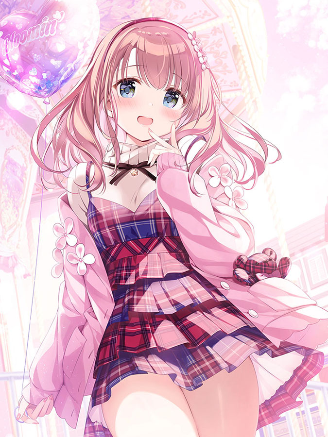 1girl :d balloon black_eyes blush commentary cowboy_shot dress hand_up heart_balloon holding holding_balloon jacket kimishima_ao long_hair looking_at_viewer object_in_pocket open_clothes open_jacket open_mouth original petticoat pink_background pink_hair pink_jacket pink_theme plaid plaid_dress red_dress shirt_under_dress short_dress smile solo stuffed_animal stuffed_toy sweater symbol-only_commentary teddy_bear v