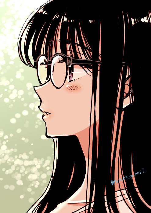 1girl artist_name bangs black-framed_eyewear black_hair blush commentary_request from_side glasses green_background himawari-san himawari-san_(character) long_hair parted_lips portrait shiny shiny_hair signature simple_background solo sugano_manami violet_eyes watermark