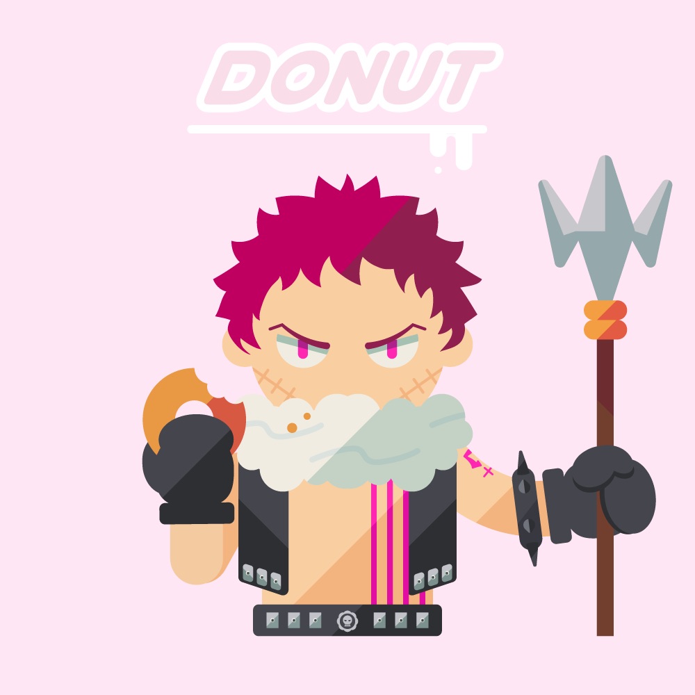 1boy arm_tattoo bangs belt belt_buckle black_gloves black_vest bracelet buckle charlotte_katakuri chest_tattoo chibi commentary cropped_torso crumbs doughnut english_commentary english_text food food_bite food_on_clothes forehead fur_collar gloves half-closed_eyes hands_up holding holding_food holding_trident jewelry looking_at_viewer male_focus minimalism no_lineart no_shirt one_piece open_clothes open_vest pink_background pink_eyes redhead sasamiman scar scar_on_face short_hair simple_background solo spiked_bracelet spikes stitches straight-on tattoo upper_body v-shaped_eyebrows vest