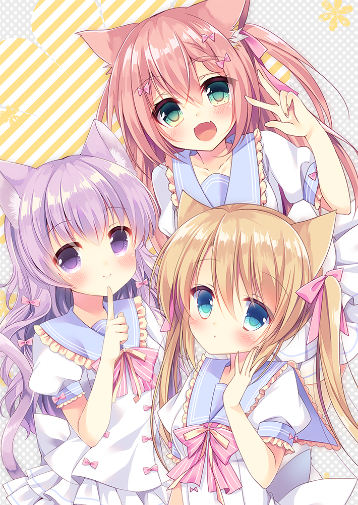 3girls animal_ear_fluff animal_ears blue_eyes blue_sailor_collar bow bowtie cat_ears cat_girl cat_tail dot_mouth dotted_background fangs flower frilled_sailor_collar frilled_sleeves frills green_eyes hair_bow hair_ribbon hand_on_own_cheek hand_on_own_face hand_to_own_mouth index_finger_raised irori light_brown_hair light_purple_hair long_hair looking_at_viewer multicolored_background multiple_girls multiple_hair_bows neckerchief open_mouth original pastel_colors pink_bow pink_bowtie pink_hair pink_neckerchief pink_ribbon pleated_skirt puffy_short_sleeves puffy_sleeves redhead ribbon sailor_collar school_uniform serafuku short_sleeves skin_fangs skirt sleeve_cuffs smile striped striped_background tail twintails v violet_eyes white_serafuku white_skirt yellow_flower