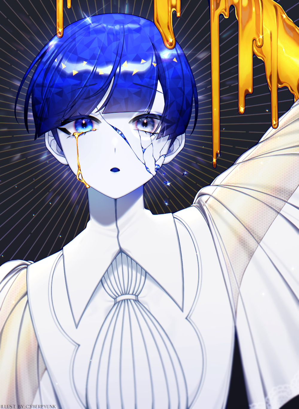 1other androgynous bangs blue_hair blunt_bangs colored_eyelashes colored_skin cracked_skin crying cyberpyunk expressionless gold golden_arms heterochromia highres houseki_no_kuni looking_at_viewer melting moon_uniform_(houseki_no_kuni) necktie open_mouth phosphophyllite phosphophyllite_(ll) see-through see-through_sleeves shiny short_hair solo very_short_hair white_eyes white_skin wide_sleeves