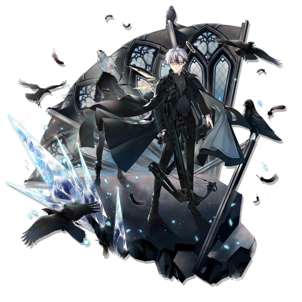 1boy adnachiel_(arknights) adnachiel_(traceless_walker)_(arknights) angel arknights bishounen black_cape cape commentary_request crossbow feathers formal glasses halo male_focus non-web_source official_art scope short_hair solo source_request suit white_hair wings yellow_eyes