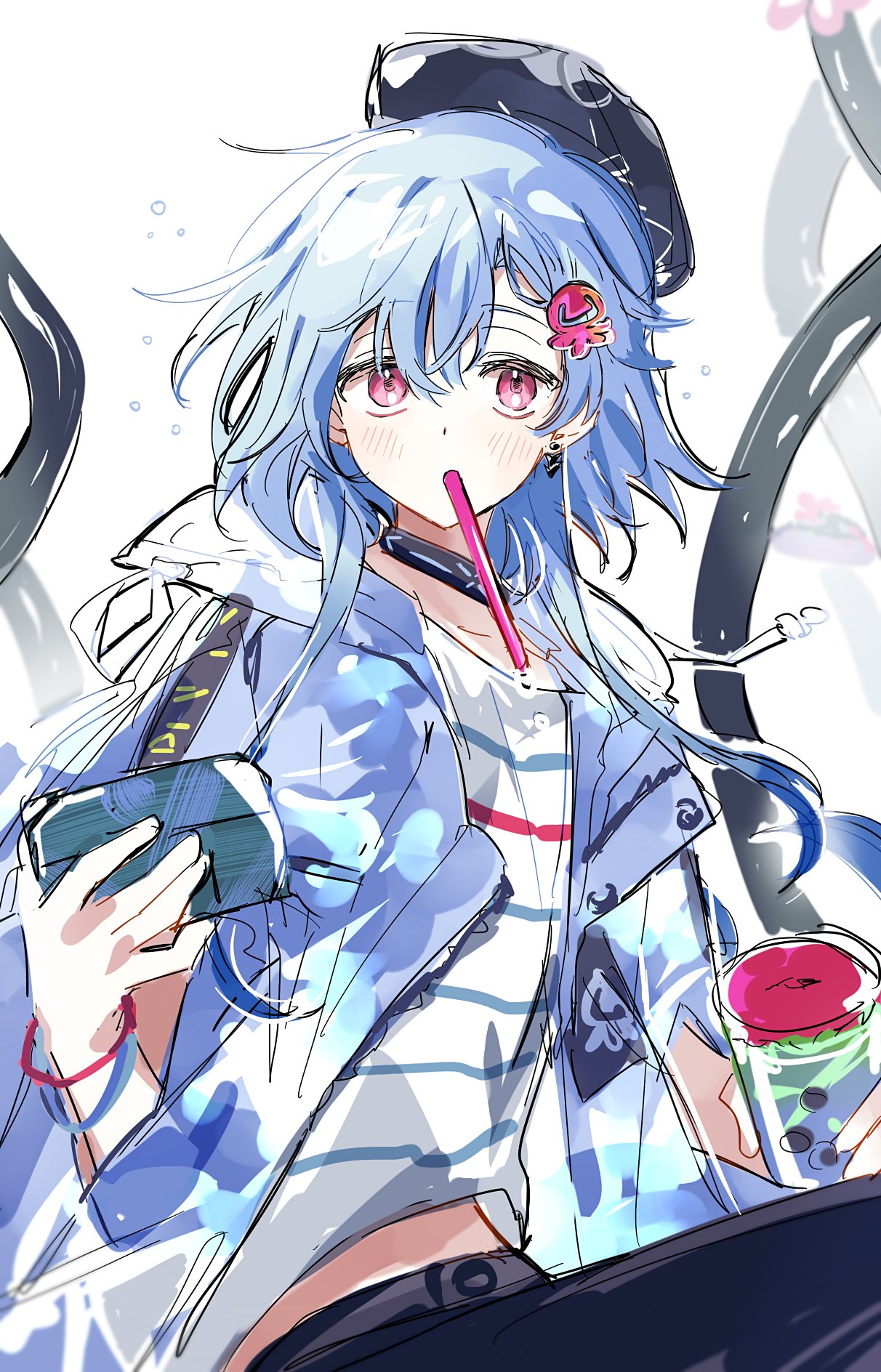 1boy arknights black_headwear black_pants blue_hair blue_jacket blush bracelet bubble_blowing bubble_tea cup disposable_cup highres hikarupig infection_monitor_(arknights) jacket jewelry male_focus mizuki_(arknights) pants pink_eyes shirt short_hair_with_long_locks solo white_shirt