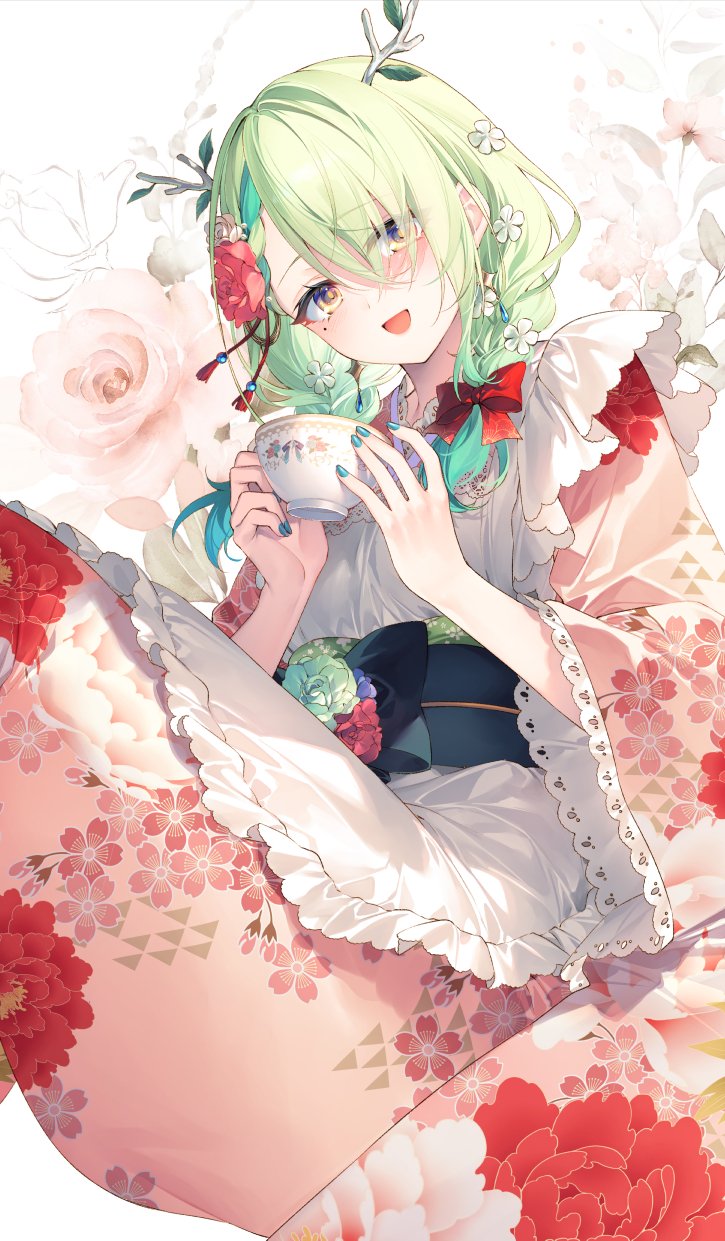 1girl :d antlers apron blush braid ceres_fauna cup floral_print flower frilled_apron frills green_hair green_nails hair_flower hair_ornament hair_over_one_eye highres holding holding_cup hololive hololive_english japanese_clothes kimono long_hair looking_at_viewer low_twin_braids low_twintails maid_apron mole mole_under_eye multicolored_hair nail_polish obi official_alternate_costume official_alternate_hairstyle one_eye_covered open_mouth pink_kimono print_kimono sash smile solo streaked_hair tassel tassel_hair_ornament teacup toosaka_asagi twin_braids twintails two-tone_hair virtual_youtuber wa_maid white_apron yellow_eyes